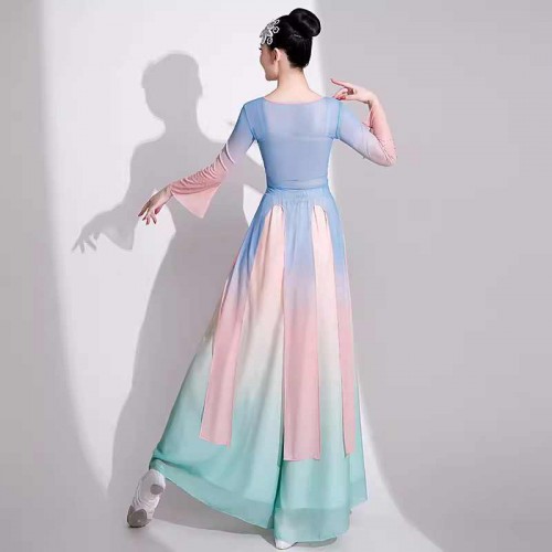 Blue gradient chinese folk Classical dance costumes for girls women fairy hanfu elegant gradient color umbrella fan dance wear Chinese Style Dance Training Clothes